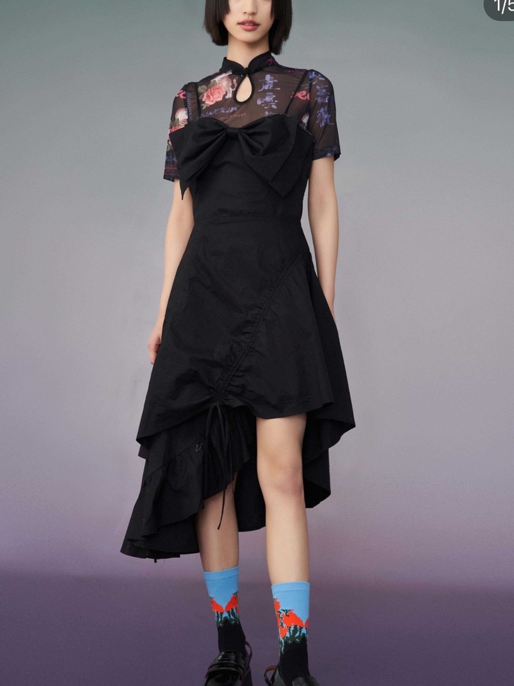 Mukzin Black Asymmetrical Bow Dress L Avant Garde Gothic Coquette - Picture 1 of 4